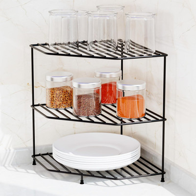 ZARA ENTERPRISEE Containers Kitchen Rack Iron Multipurpose 3-Tier Kitchen Corner Rack (Black)