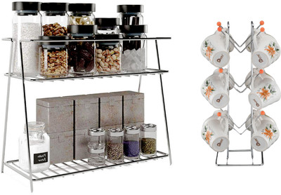 FineArts Cup Kitchen Rack Steel 2 Layer Shelf Rack For Kitchen And with V Shape Cup Stand Combo Of 2