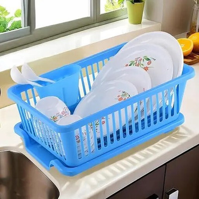 mahadev enterprises Dish Drainer Kitchen Rack Plastic MAHADEV ENTERPRISE Dish Drainer Kitchen Rack Plastic 3 in 1 Large Sink Set(BLUE)