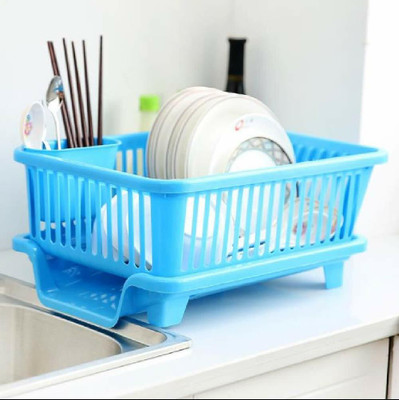 MECHON Plastic 3 in 1 Large Sink Set Dish Rack Drainer with Tray for Kitchen (BLUE) Storage Basket(Pack of 1)
