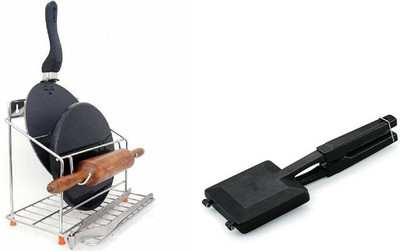 Samayra Chakla/Belan Kitchen Rack Steel Presents Combo Pack of Non Stick Gas Toaster and Steel 4 in 1