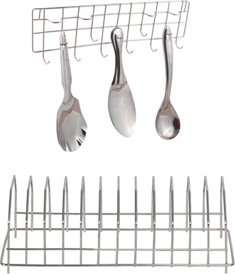 OC9 Utensil Kitchen Rack Steel Stainless Steel Plate Stand / Dish Rack & Wall Mounted Ladle Hook Rail