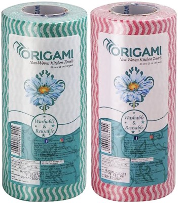 Origami Non Woven Reusable Kitchen Towel Roll Pack of 2 - 80 Sheets Per Roll(2 Ply, 160 Sheets)