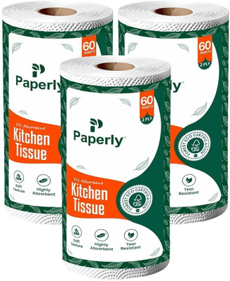 Paperly 2 Ply Kitchen Tissue Paper Roll Water & Oil Absorbency Pack-3, 60 Pull Per Pack(2 Ply, 180 Sheets)