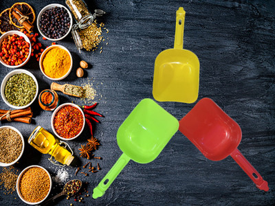 nuwi Solid Handle Scoop with Deep Shovel -Sifter with Holder Set of 3 Kitchen Scoop