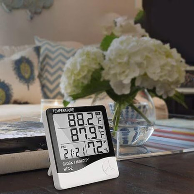 FIVANIO Digital Hygrometer Thermometer Humidity Meter with Clock LCD Display HTC-1 Thermometer with Fork Kitchen Thermometer