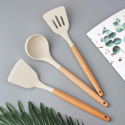 KPTON 3 Silicon Spatula for Kitchen | Non-Stick | Cooking Spatulas with Wooden Handle Kitchen Tool Set(Cream, Spatula)