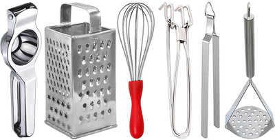 DreamBasket Lemon Squeezer & Grater & Egg Whisk & Pakkad & Chimta & Potato Masher Kitchen Tool Set(Silver, Juicer, Grater, Whisk, Tong, Tong, Masher)