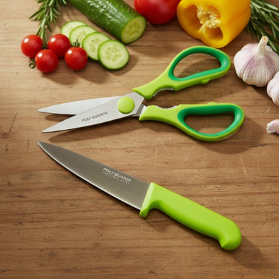 POLYGUARDS 2 Pc Stainless Steel Knife and heavy-duty kitchen scissors, with ergonomic green handles.