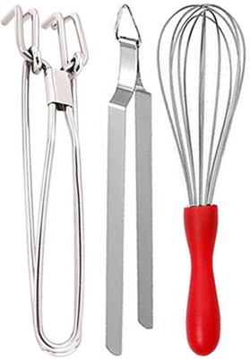 DreamBasket Stainless Steel Pakkad / Utility & Roti Chimta & Egg Whisk Kitchen Tool Set(Silver, Tong, Tong, Whisk)