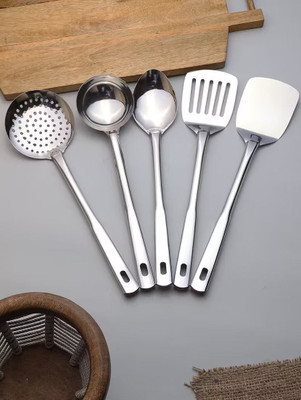 BLLUEX Stainless Steel Daily Use Cooking and Serving Spoon For Kitchen Kitchen Tool Set(Silver, Ladle, Skimmer, Spatula, Cooking Spoon, Spatula)
