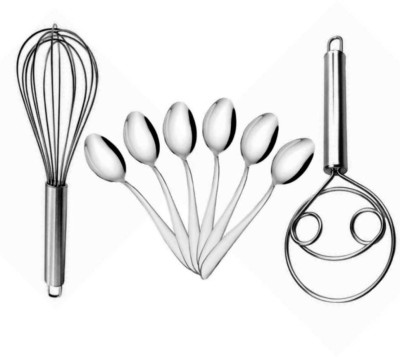 Fably 8 Steel Dessert Spoon & Dough Whisk & Balloon Whisk Kitchen tool Set of 8 Kitchen Tool Set(Steel, Masher, Whisk, Tong)