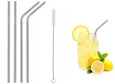 Aglor 2 Bent & 2 Straight Straws With Cleaning Brush | Reusable Drinking Straws Kitchen Tool Set(Silver, Brush)