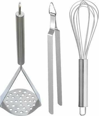 Wishful utensilio Whisker-Chimta-Bhaji Masher Kitchen Tool Set(Silver, Tong, Whisk, Masher)