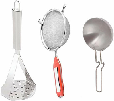 WokHouse combo of steel masher with strainer and tadka pan Kitchen Tool Set(Masher, Strainer, Ladle)
