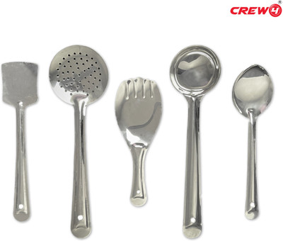 CREW4 SET OF 5 KITCHEN TOOLS Kitchen Tool Set(Silver, Cooking Spoon, Ladle, Skimmer, Scooper, Spatula)