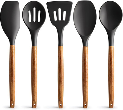 Maahixa 5pc Spatula Non Stick Pan,Spoon,Ladle,Durable Cookware Set with Wooden Handles Kitchen Tool Set(Black, Spatula)