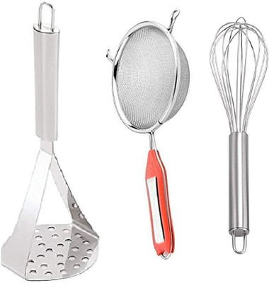 WokHouse combo of steel handle masher with strainer and steel handle whisker Kitchen Tool Set(Masher, Strainer, Whisk)