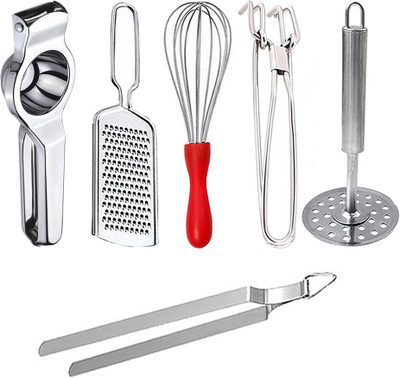 JISUN Lemon Squeezer & Grater & Roti Chimta & Pakkad & Egg Whisk & Potato Masher Kitchen Tool Set(Silver, Grater, Whisk, Tong, Juicer)