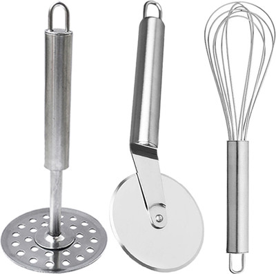 DreamBasket Stainless Steel Potato Masher & Egg Whisk & Pizza Cutter Kitchen Tool Set(Silver, Masher, Whisk, Cutter)