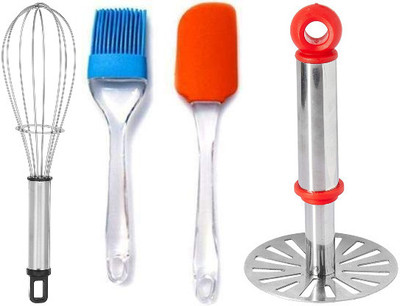 Useful Combo Stainless Steel Potato Masher & Whisker and Spatula and Brush Kitchen Tools Kitchen Tool Set(multicolour)