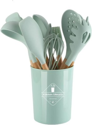 DnD Enterprise Silicone Kitchen Utensils Spatula Spoon Cooking Set- 12 Pcs Kitchen Tool Set(Green, Cooking Spoon, Brush, Tong, Ladle, Spatula, Whisk)
