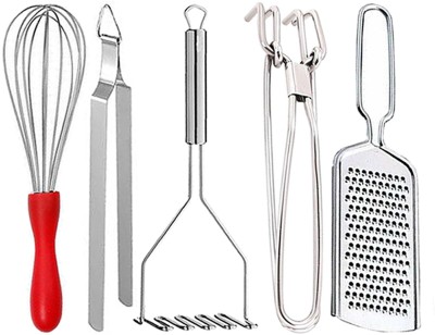 OC9 Stainless Steel Pakkad & Cheese Grater & Egg Whisk & Roti Chimta & Potato Masher Kitchen Tool Set(Silver, Tong, Grater, Whisk, Tong, Masher)