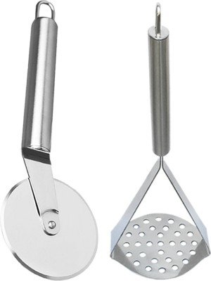 OC9 Stainless Steel Wheel Pizza Cutter & Vegetable Masher, Pav Bhaji Masher, Potato Masher Kitchen Tool Set(Silver, Cutter, Masher)