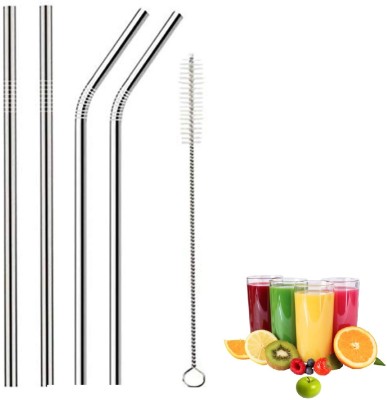 NURIOR Stainless Steel Metal Drinking Straws (2 Straight + 2 Bent + 1 Cleaning Brush) Kitchen Tool Set(Silver, Spatula)