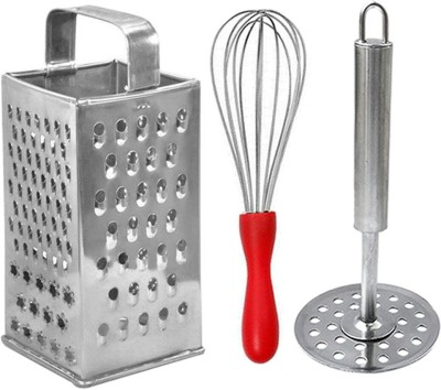 OC9 Stainless Steel Slicer and Grater & Egg Whisk / Egg Beater & Potato Masher For Kitchen Tool Set(Silver, Red, Grater, Whisk, Masher)