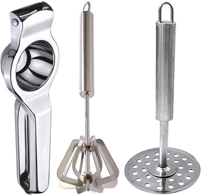 shagun creation Stainless Steel Lemon Squeezer & Mathani & Potato Masher/ Pav Bhaji Kitchen Tool Set(Silver, Masher, Blender, Juicer)