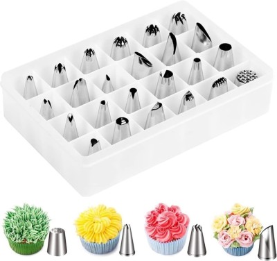 Molzo Piping Set 24 Stainless Steel Frosting Nozzle Piping Set with Storage Box for Cake Decoration and Icing (24 Pcs) Silver Kitchen Tool Set (Silver) Kitchen Tool Set(Silver, Baking Tools)