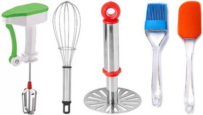 OMORTEX Daily Kitchen Use Combo Of Powerfull Blender Stainless Steel Bhaji Masher Whisk Spatula & Brush (Pack Of 5) Multicolor Kitchen Tool Set