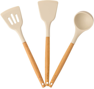 NowExp 3 Silicon Spatula for Kitchen | Non-Stick | Cooking Spatulas with Wooden Handle Kitchen Tool Set(Cream, Spatula)