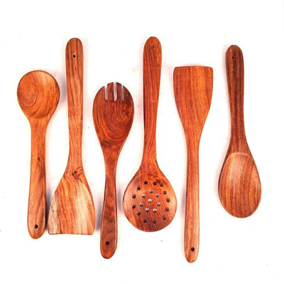Apkamart Wooden Spoons - For Non-stick Cookware Cooking & Serving - 12 Inch - Set of 6 Kitchen Tool Set(Brown, Cooking Spoon)