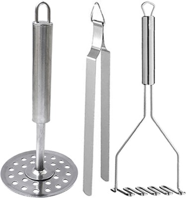 DreamBasket Stainless Steel Roti Chimta & Potato Masher (Pack of 2) Kitchen Tool Set(Silver, Tong, Masher)