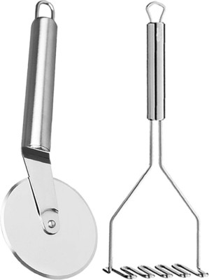 JISUN Stainless Steel Wheel Pizza Cutter & Vegetable Masher, Pav Bhaji Masher, Potato Masher Kitchen Tool Set(Silver, Cutter, Masher)