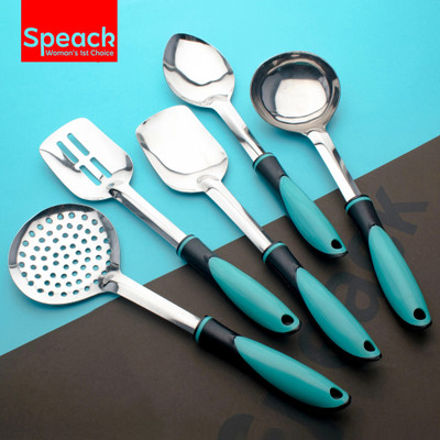 SPEACK 5-Piece Stainless Steel Cooking Spoon Set � Heat Resistant Kitchen Tool Set(Blue, Ladle, Spatula, Cooking Spoon, Skimmer)