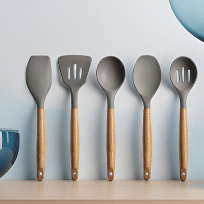 VITEVER Premium Kitchen Utensils Strong Silicon Cookware Spoon Handle Of Wooden Spatula Kitchen Tool Set(Grey, Spatula)