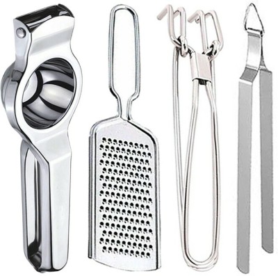 JISUN Stainless Steel Lemon Squeezer & Cheese Grater & Pakkad & Roti Chimta Kitchen Tool Set(Silver, Juicer, Grater, Tong, Tong)