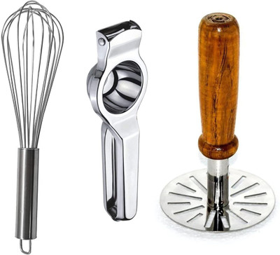 Meswarn Kitchen Tools Combo Sets Potato Masher ,egg whisker,lemon squeezer Kitchen Tool Set(Silver, Whisk, Juicer, Masher)