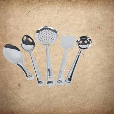 GangaMetal Serving Spoons Set for Dining with 5 Different pcs Kitchen Tool Set(Silver, Skimmer)