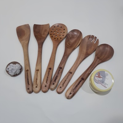 Crafty Heaven Cooking Spoon Neem Wood Utensils Spoon Ladles Turning Spatula Oil Spreader Kitchen Tool Set(Brown, Ladle, Skimmer, Spatula, Strainer)