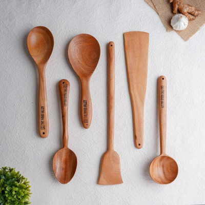 The Indus Valley Cooking & Serving Spatula Set - Thick, Long, Sturdy, Large [ Set of 6 ] Kitchen Tool Set(Brown, Spatula)