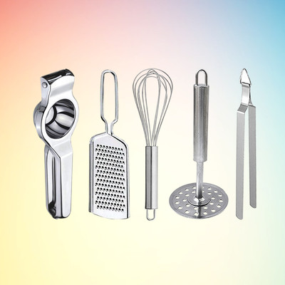 OC9 Lemon Squeezer & Cheese Grater & Egg Whisk & Potato Masher & Roti Chimta Kitchen Tool Set(Silver, Grater, Juicer, Tong, Masher, Whisk)
