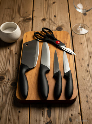 R K ENTERPRISE Knife set SS with Chopping Board, Knife set 4, scissor and Wooden Chopping Block Kitchen Tool Set(Multicolor, Chopper, Cutting Board, Cutter, Knife, Scissor)