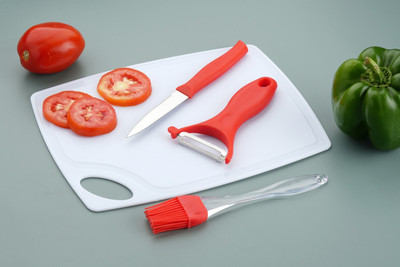 TERRITORY Combo of Chopping Board with Knife Peeler Brush Set – Kitchen Tool Combo Red Kitchen Tool Set(Red, White, Peeler, Brush, Knife, Cutting Board)