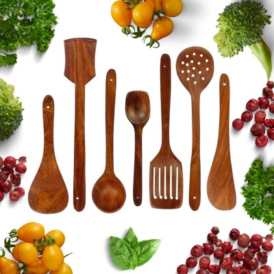 flipshoppee Bright and beautiful, Handmade Wooden Sheesham Spatula Serving & Cooking Spoon & Kitchen Tools Utensil Non Stick- 1 Jharni, 1 Jhara, 1 Frying Spoon, 1 Spatula, 1 Rice Spoon, 1 Palta, 2 DOI- Set of 7 Kitchen Tool Set(Brown, Cooking Spoon)