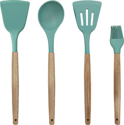 MYOZ 4-Pcs Silicone Spatula Cooking Set with Wooden Handles for Non-Stick Cookware Kitchen Tool Set(Green, Baking Tools, Ladle, Spatula, Cooking Spoon)