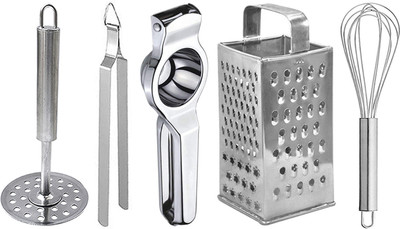 Dreambskt Lemon Squeezer & 8 in 1 Grater & Egg Whisk & Potato Masher & Roti Chimta Kitchen Tool Set(Silver, Juicer, Grater, Whisk, Masher, Tong)